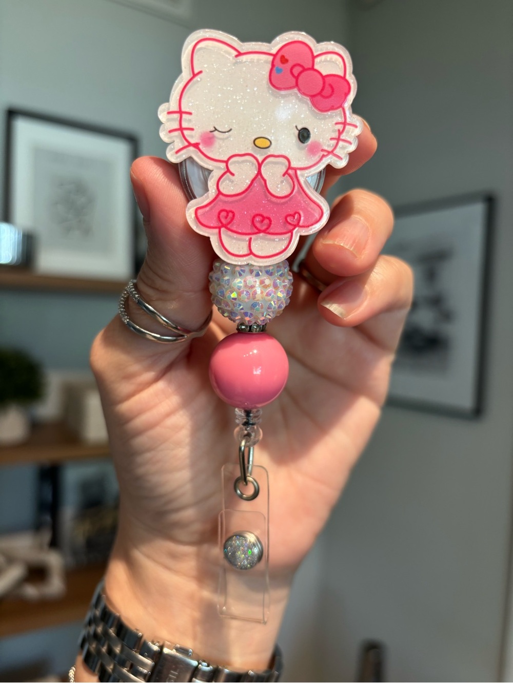 Handmade Pink Kitty Badge Reel with Heart Dress & Sparkly Beads